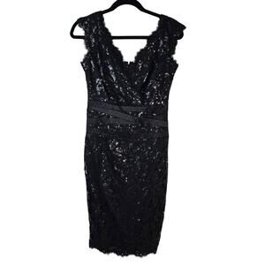 Tadashi Shoji Dress Women's 2 Black Paillette Embroidered Lace V-Neck Elegant